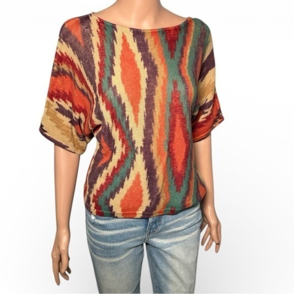 Lauren Ralph Lauren Petite Ikat Knit Top Linen Cotton Short Batwing Sleeve PP